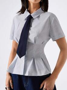 LYSMO 2026 New Arrive Minimalism Spring/Summer Women's Fashionable Striped Tie Collar Blouse,Stylish Women's Blouses/Casual Blouses For Women,Striped/Casual - Baby Blue - View 4