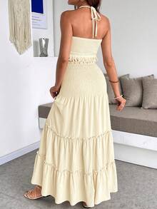 SHEIN 夏季度假风穿搭，浅黄色露背流苏上衣搭配A字喇叭裙，专为孕妇设计。超宽的褶皱腰带舒适贴身，不会勒肚子。两件套。孕妇纯色吊带上衣和荷叶边A字裙两件套，度假米色孕妇连衣裙，孕妇吊带裙，孕妇装，夏季孕妇装，孕妇套装，夏季孕妇装，夏季孕妇两件套，夏季孕妇装，孕妇迎婴派对连衣裙，孕妇装，孕妇服装，孕妇连衣裙，夏季孕妇服装，孕妇写真连衣裙，褶皱连衣裙，黄色连衣裙，女士沙滩裹身裙，Zanzea连衣裙，Wow连衣裙，女士夏季连衣裙，女士夏季套装，女士夏季孕妇装，夏季孕妇装 - 杏色 - 查看 4