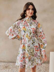 Anewsta Women's Spring/Summer Floral Print Elegant Long Sleeve Mini Dress - Pink - View 6