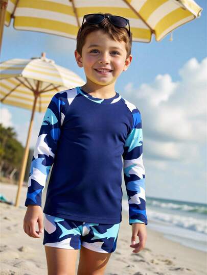 Young Boys Shark Print Long Sleeve Swimsuit Set