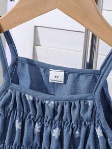 Young Girl Summer Casual Floral Print Ruffle Hem Camisole And Pants Set - Blue - View 5