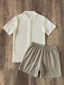 Manfinity Joysei Men's Summer Mesh Breathable Short Sleeve Shirt And Drawstring Waist Shorts Set, Cozy Outfits - Apricot - View 2