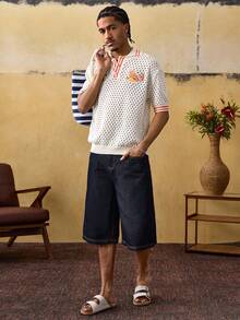 ROMWE MEN Men's Hollow Graphic Striped Print Short Sleeve Knit Top - Multicolor - View 7