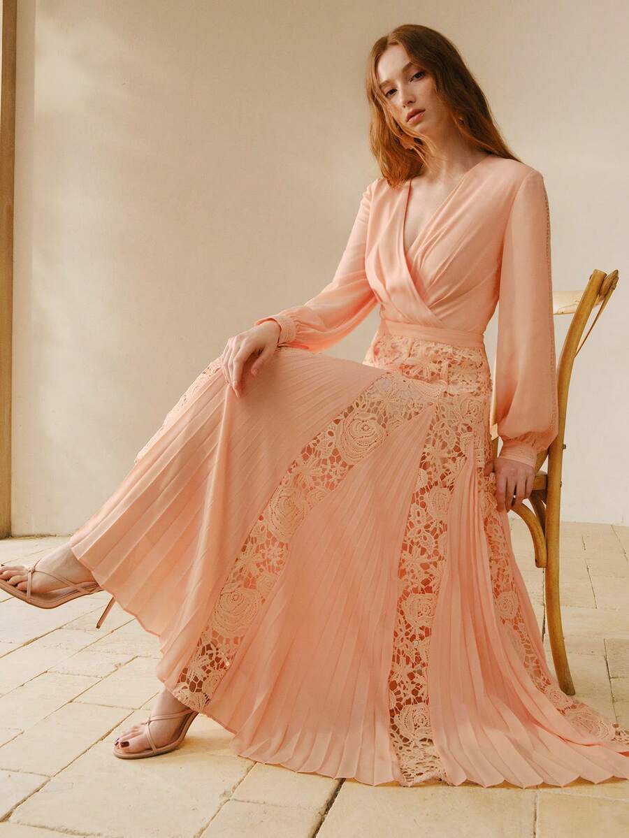 MOTF PREMIUM 女士撞色蕾丝褶裥中长连衣裙 - 橘色 - 查看 1