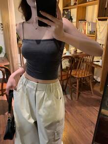DAZY 女士舒适抹胸吊带背心，新款弹力紧身无袖打底衫，适合春季短款上衣 - 灰色 - 查看 4