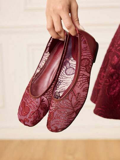 CUCCOO HITCHD Burgundy Mesh Flower Square Toe Word Belt Comfortable Soft Simple Commuter Women Flat Shoes Elegant Shoes