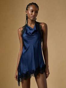 Briarwyn Blouse d'été sexy pour femmes avec contraste de dentelle, ourlet asymétrique, col ras-du-cou et dos nu - Bleu marine - Voir 2