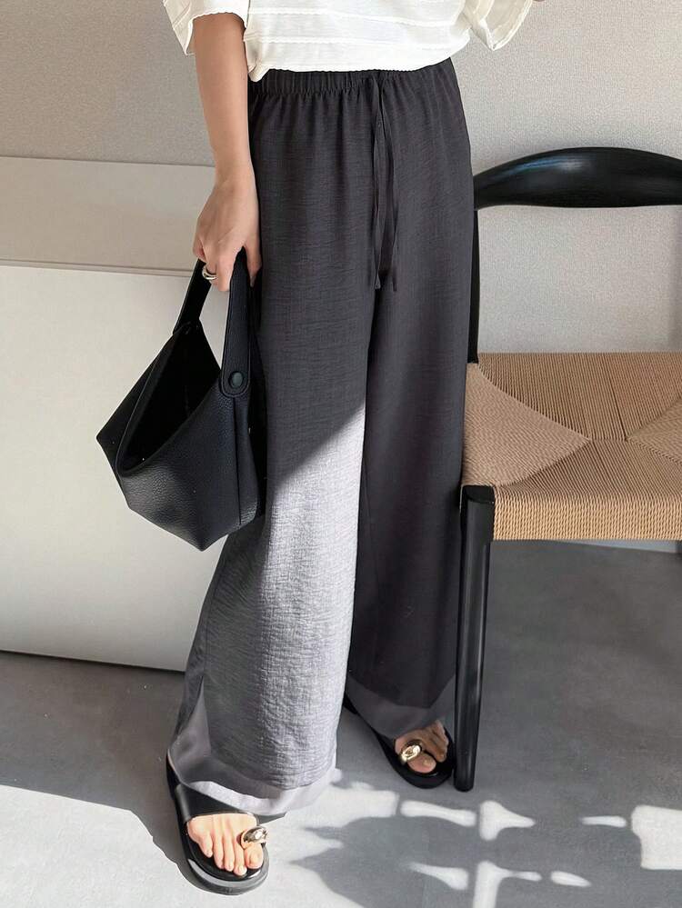 Women's Elastic Waist Drawstring Tie Loose Straight Leg Pants With Contrast Color Patchwork Design