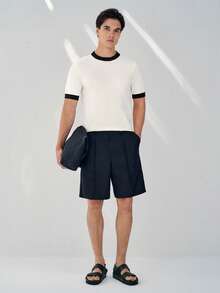 Manfinity Mode 男士撞色简约休闲圆领短袖针织上衣 - 米色 - 查看 5