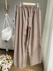 Comfortcana Celana Panjang Katun Linen Bertekstur Bergaris dengan Tali Serut di Pinggang, Nyaman, Kasual, Ukuran Besar, Celana Bergaris, Celana Pantai, Musim Gugur - Coklat - View 2