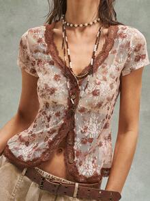 Bohemela Women's Fashionable Sexy Western Style Lace Short Sleeve T-Shirt - Multicolor - View 4