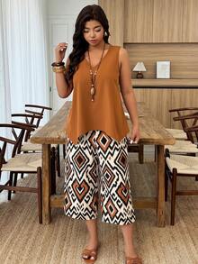 Weeklong Women's Plus Size V-Neck Asymmetric Hem Sleeveless Shirt And Solid Color Capri Pants 2-Piece Set, Spring/Summer - Multicolor - View 1