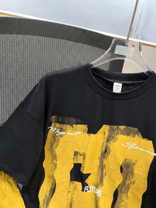 SHEIN Conjunto de camiseta de manga corta y pantalones cortos con estampado minimalista para adolescentes (niños) - Amarillo - Ver 3