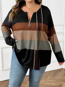 SHEIN CURVE+ 大码女式圣诞棕色领拉链设计T恤，圣诞主题女式T恤，大码秋冬服装 - 彩色 - 查看 7