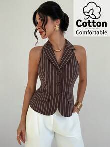 Firerie Women's Elegant Minimalist Commuter Urban Chic Casual Daily Fashion New Retro Lapel Brown Striped Waist Sleeveless Blazer Vest - Brown - View 4