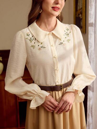 Vintamour 复古优雅女士衬衫，花卉刺绣，彼得潘领，荷叶边袖口，纽扣门襟，休闲穿着，通勤，度假皆宜