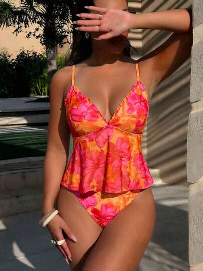 Swim Vcay Women's Floral Print Sweet Frill Trim Decorated Camisole & Bikini Set, Beach Holiday
