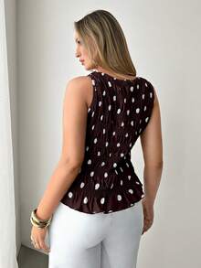 Auralis 大码女式波点印花褶皱圆领无袖上衣 - 棕色 - 查看 3