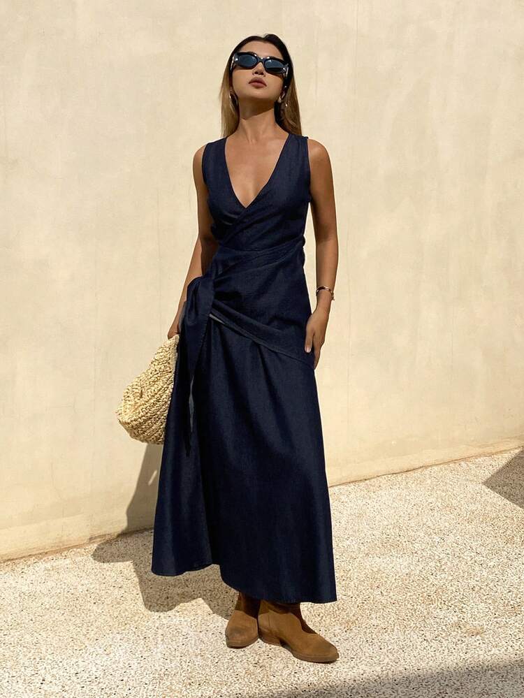 Women's V-Neck Sleeveless Wrap Tie Waist Elegant Maxi Denim Dress Vacation