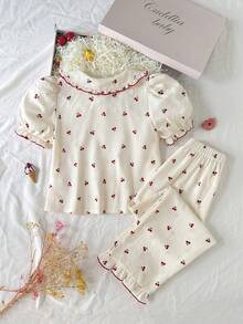 SHEIN Tween Girl Loose Casual Minimalist Comfortable Polo Collar Petal Sleeve Polka Dot Pattern Loungewear - Multicolor - View 2