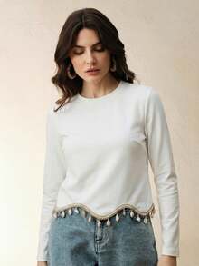 Anewsta Áo thun tay raglan cổ thuyền thiết kế bất đối xứng thanh lịch với tua rua hình cầu, thích hợp cho mùa xuân/hè, lễ hội, tốt nghiệp, trang nhã, ngày lễ, thường ngày. - trắng - Xem 3