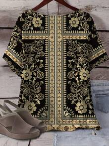 EMERY ROSE Plus Size Women Floral Print Round Neck Short Sleeve Casual Versatile T-Shirt - Multicolor - View 2