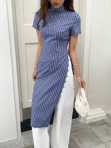 EastFlair 立领短袖修身简约蓝色格子旗袍长裙 - 藍色 - 查看 6