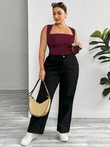 SHEIN Essnce 大码女式夏季休闲性感紧身黑色背心连体衣，夏季女装，曲线加大码，早午餐穿搭，秋季女装 - 中紫紅色 - 查看 5