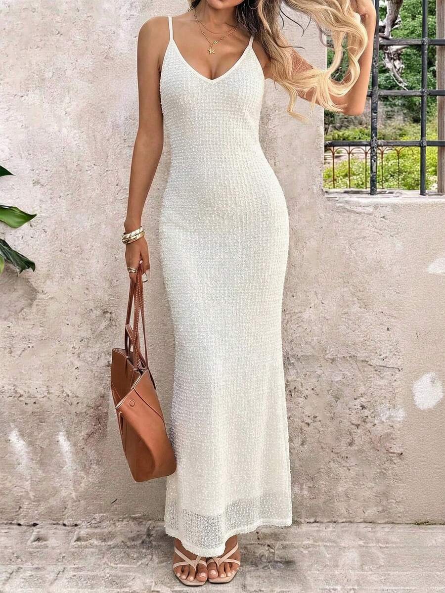 Pariaura 女士优雅休闲杏色V领性感露背吊带宽松长款沙滩度假连衣裙 - 杏色 - 查看 1