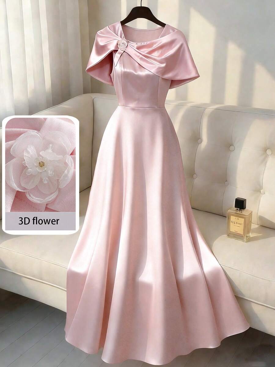 Modelyn 女士优雅粉色连衣裙，饰有3D立体花卉图案和喇叭裙摆