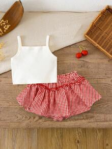 LMoss Kids 女婴夏季休闲度假风领结樱桃印花吊带背心和格纹印花短裙套装 - 彩色 - 查看 2