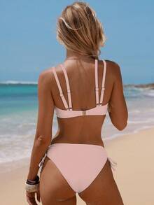 Swim Mod Bộ đồ bơi hai mảnh màu trơn dành cho nữ, được trang trí bằng ren móc, viền satin hoa và dây buộc bên hông, thích hợp cho kỳ nghỉ biển và mặc thường ngày, mùa xuân/hè. - Hồng - Xem 2
