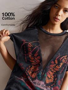 Bohemela 大码女式字母与蝴蝶印花拼接渔网设计蝙蝠袖短袖休闲 T 恤 - 黑色 - 查看 1