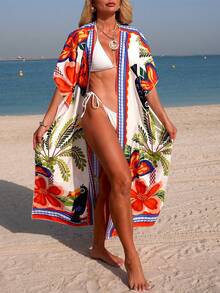 Swim Vcay 女士春夏沙滩连衣裙，印花宽松蝙蝠袖开衩下摆度假和服连衣裙 - 彩色 - 查看 4