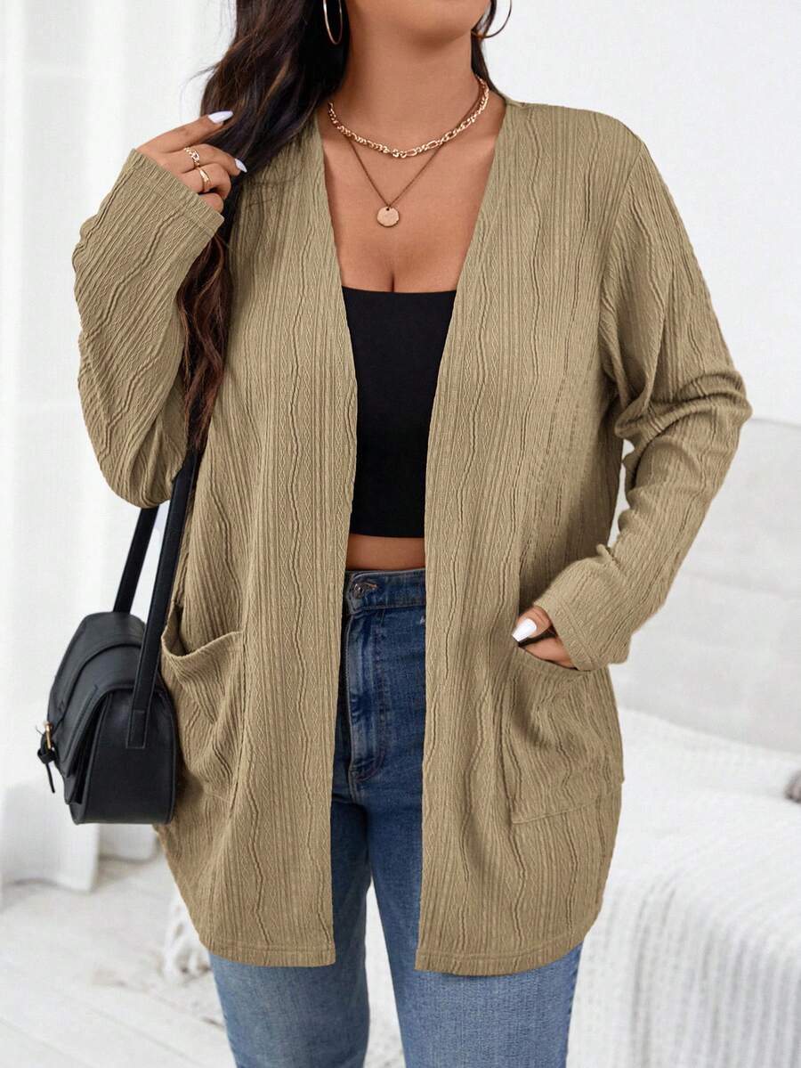 SHEIN Essnce Áo khoác nữ cỡ lớn tay dài hai túi phía trước, kiểu dáng thời trang thu đông mới, thích hợp cho công sở. - Màu Khaki - Xem 1