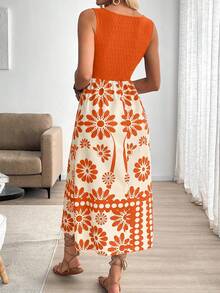 Breezaya Women's Vacation Style Printed Patchwork Sleeveless Bodycon Dress Orange Vacation Dress Orange Beach Dress Orange Summer Dress Orange Sundress Women Dresses Orange - Orange - View 2