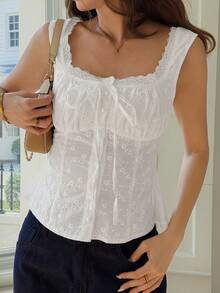 DAZY Women's Elegant Solid Color Lace Trim Embroidered Front Button Camisole, Summer Vacation Babydoll Top - White - View 2