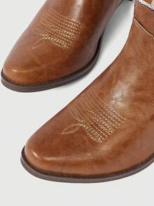 ROMWE 2025复古英伦乡村风西部刺绣牛仔靴，女士秋季靴 - 棕色 - 查看 4