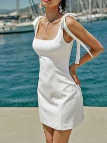 Enchnt Women's Solid Color Square Neck Sleeveless Shoulder Tie Minimalist Design Dress - White - View 5