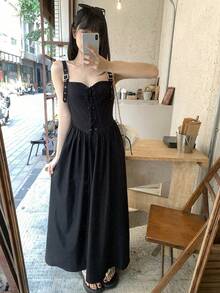 FRIFUL 女士吊带交叉系腰A字连衣裙 - 黑色 - 查看 4