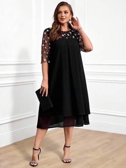 Miaspire 女式大码休闲宽松网眼拼布连衣裙