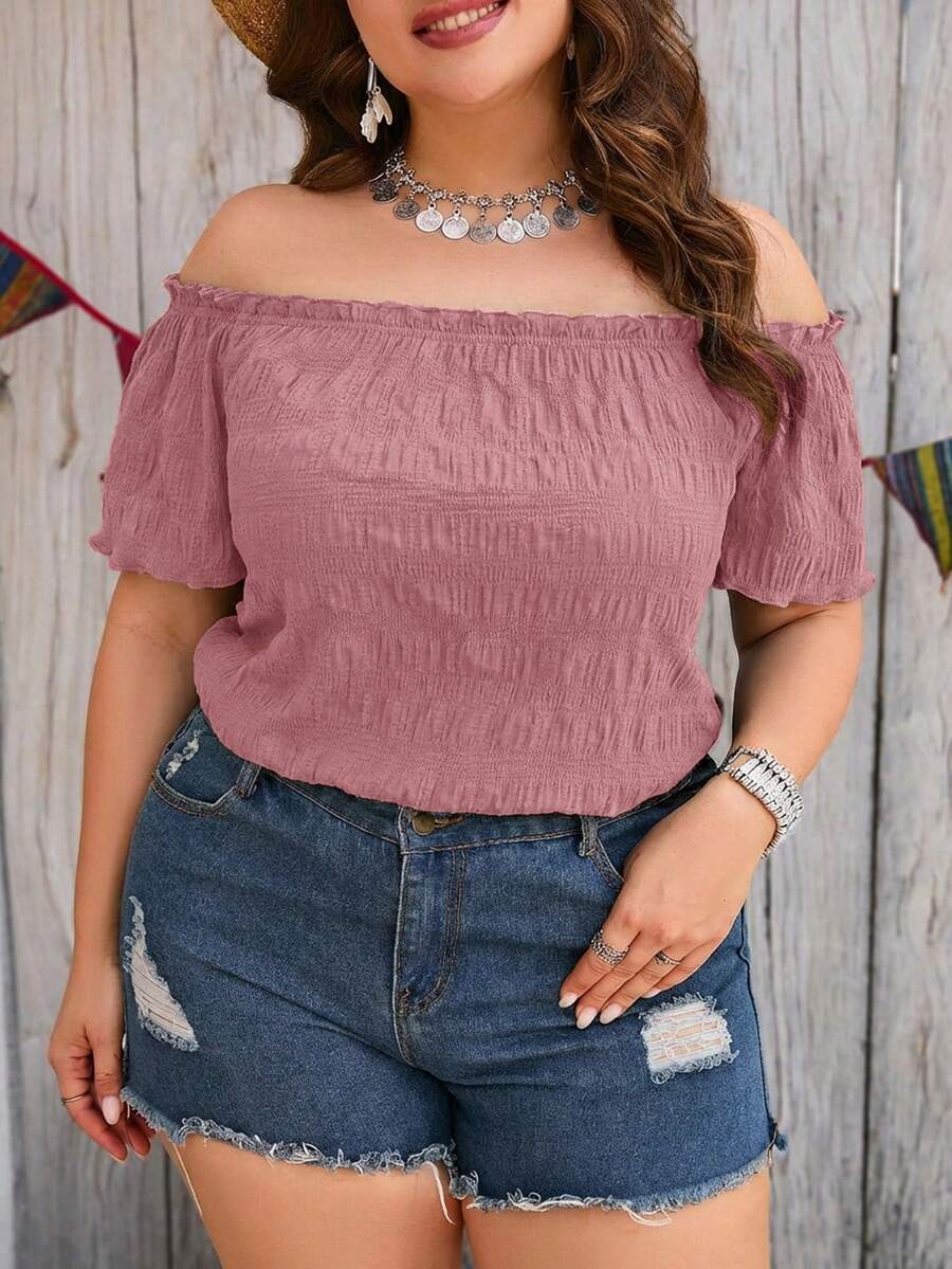 SHEIN Clasi Plus Size Solid Color Off-Shoulder Casual Short Sleeve Shirt, Versatile For Summer - Baby Pink - View 1