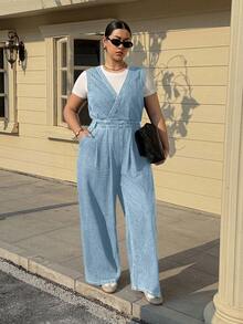 Dazy Plus Vintage Washed Blue Sexy Deep V-Neck Sleeveless Denim Jumpsuit, Plus Size For Women, Spring/Autumn - Baby Blue - View 4