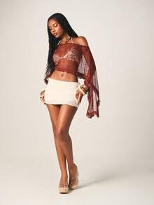 MISSGUIDED Chân váy denim siêu ngắn cạp cao với đinh tán kim loại bạc, ôm sát cơ thể, thích hợp cho lễ hội, mùa hè, đi biển, câu lạc bộ. - Màu be - Xem 3