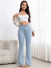 SHEIN PETITE Women's Casual Everyday Washed Flared Jeans With Slant Pockets - Light Wash - View 3