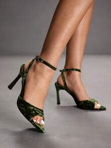 CUCCOO SZL Sandalias de tacón alto minimalistas ajustables de color granate para mujer, para uso casual diario, zapatos de primavera, vacaciones de primavera, baile de graduación y tacones navideños - Verde terciopelo - Ver 6