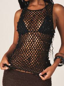 MISSGUIDED Crochet Mesh Tank Top With Beaded Detail And Open Weave Design For Summer Festival Outfits - Black - View 4