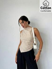 Firerie Women's Minimalist Elegant Fashion Office Commute, Sleeveless Pleated Collar Pointed Hem Poplin Shirt In Beige - Khaki - View 3