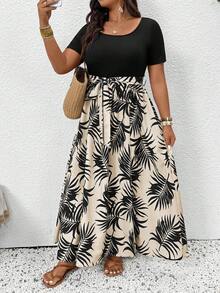 SHEIN Frenchy Đầm mùa hè cỡ lớn dành cho nữ, họa tiết nhiệt đới, phối màu, cổ tròn, xẻ tà cao, có thắt lưng. - Nhiều màu - Xem 2