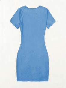 SHEIN Unity Vestido de manga corta con estampado de letras, versátil para uso diario y casual, verano - Azul - Ver 2